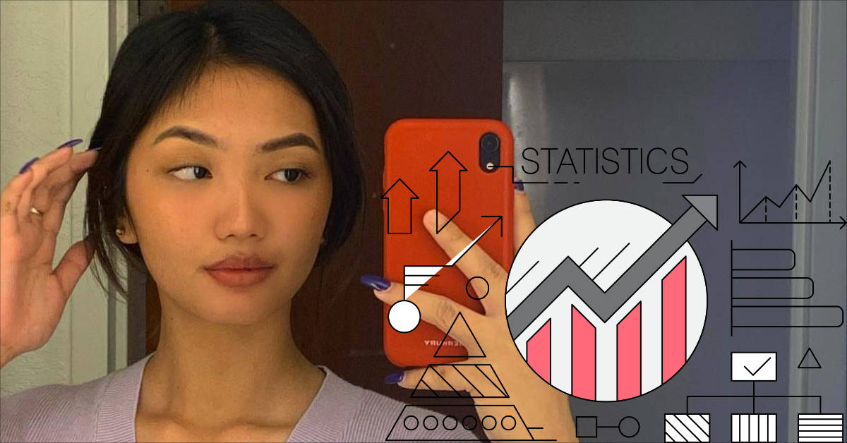 Pinay woman with red phone and statistics logo